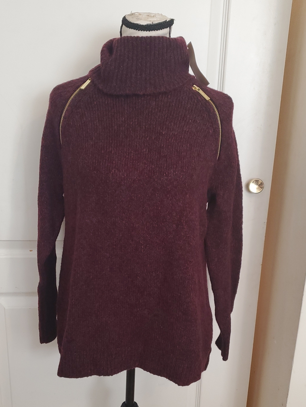 Michael Kors Burgundy Tweed Chunky Cowl Neck Zipper Sweater sz S NWT